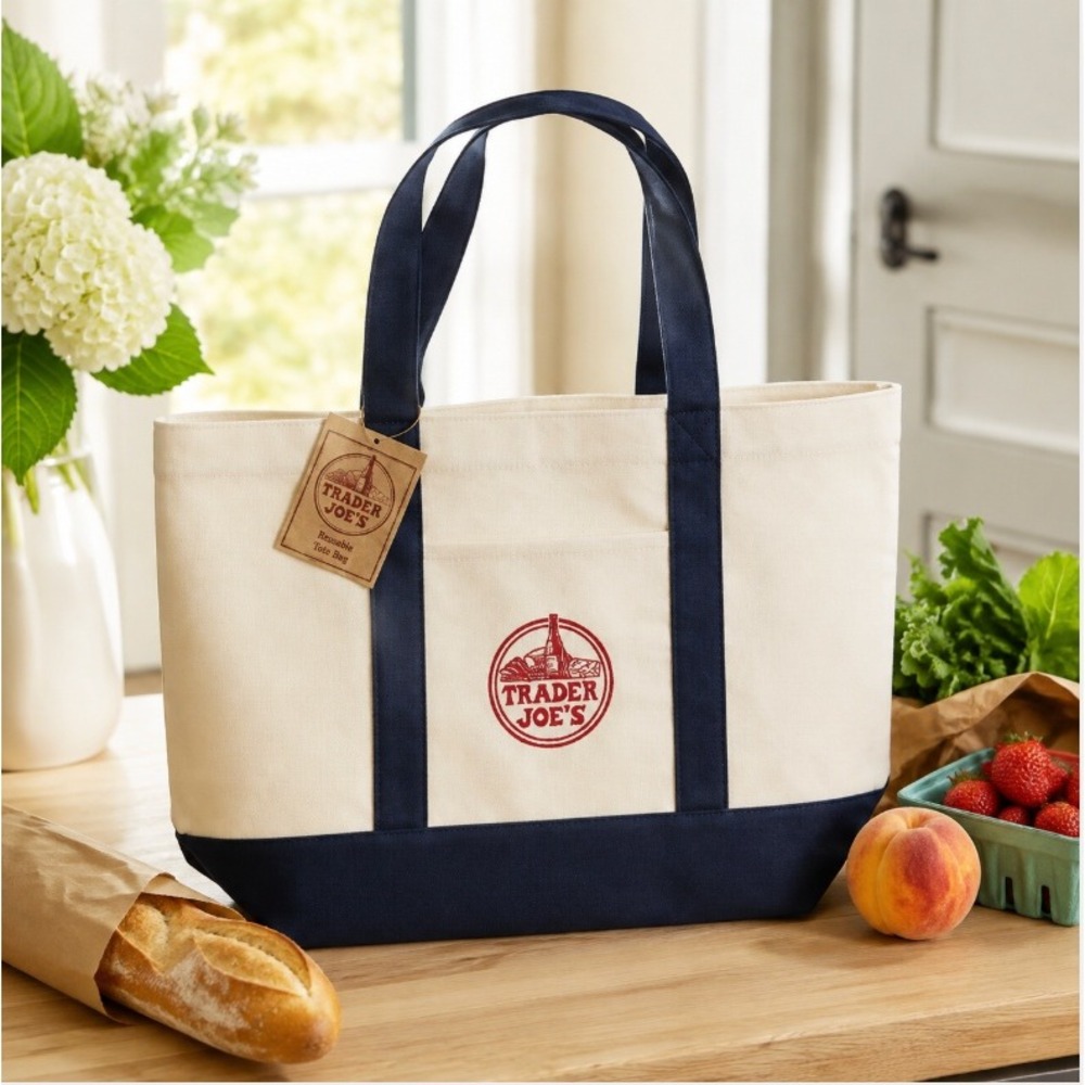 Trader Joe's Reusable Canvas Tote Bag Navy Blue Cream Cotton Grocery Bag